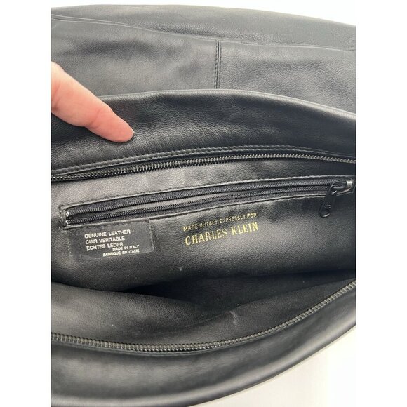 Charles Klein Leathers Black 20" drop Black Shoulder Bag Beautiful Front Detail - Picture 8 of 10